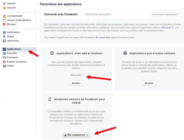 Paramètres applications - Facebok