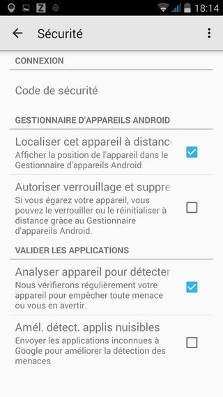 Android Device manager menu