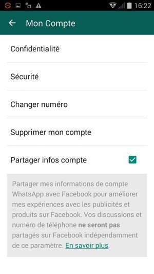 WhatsApp réglages Facebook