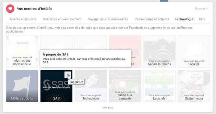 Facebook gestion des publicités - centre d'intérêts