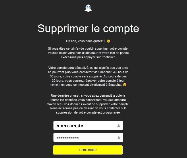 page de suppression de snapchat