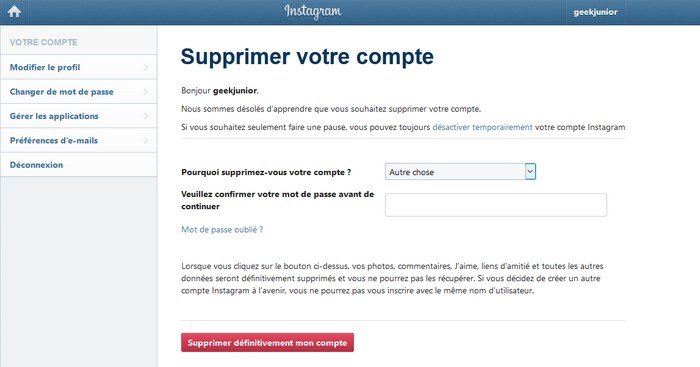 supprimer compte instagram