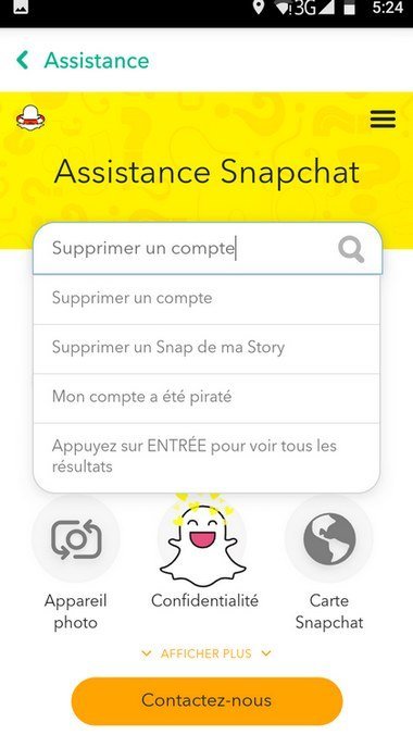 supprimer compte snapchat depuis l'application