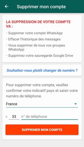 whatsapp confirmation supprimer un compte