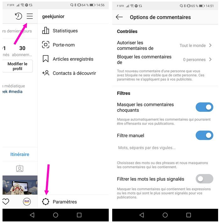 instagram options de commentaires