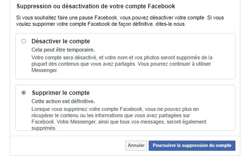 Suppression compte Facebook