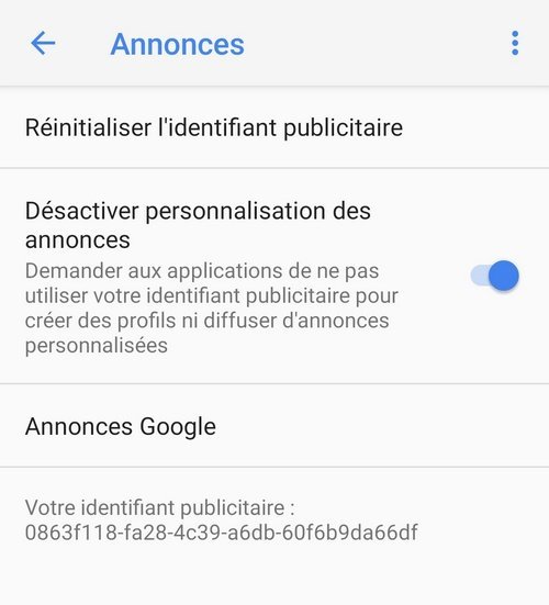 Désactiver l'identifiant publicitaire