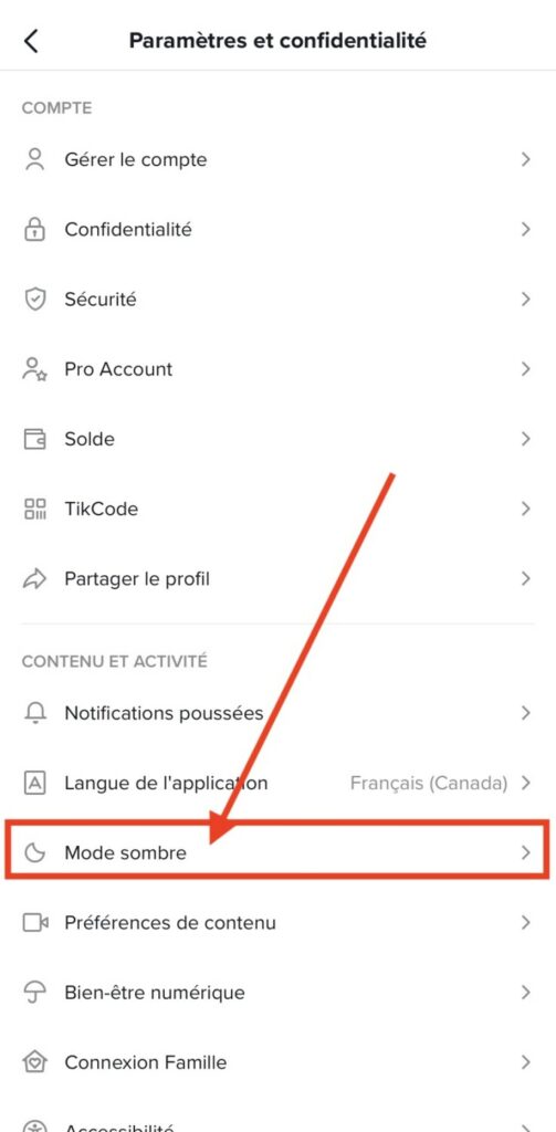 Mode sombre Tiktok