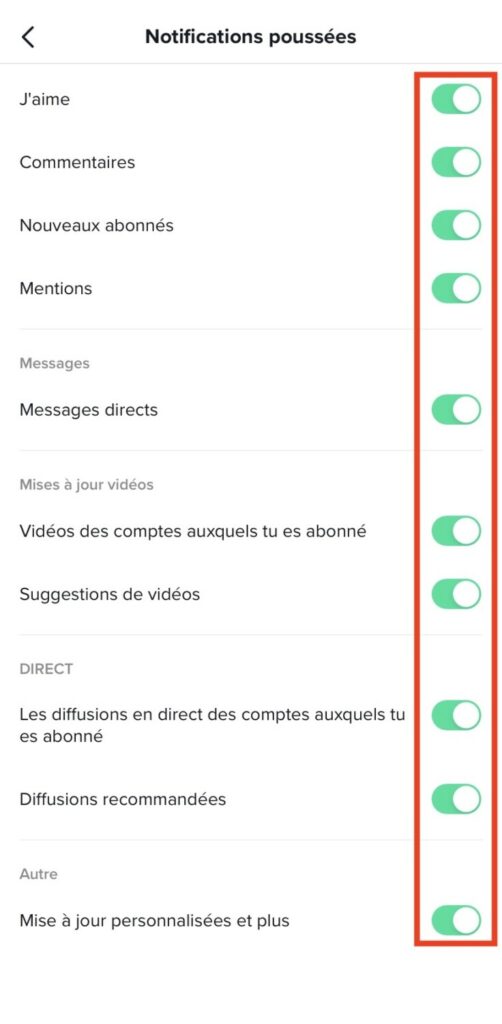 Notifications désactivées Tiktok