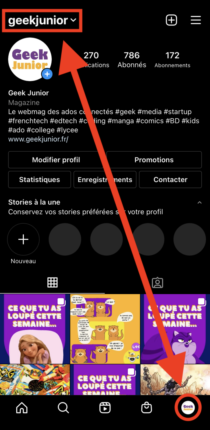 Switcher de compte Instagram