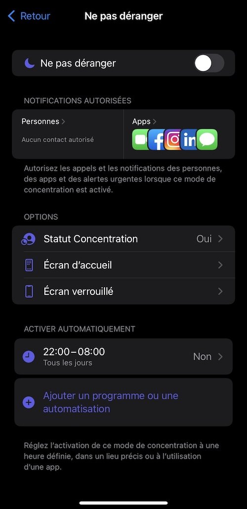 Mode concentration iOs 15.0