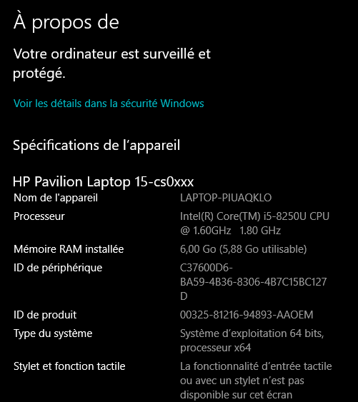 Configuration matériel ordinateur Windows