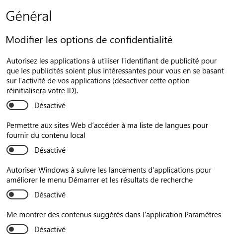 option de confidentialite