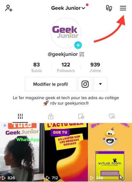 Débloquer compte Tiktok (Geek Junior) Menu Hamburger E1