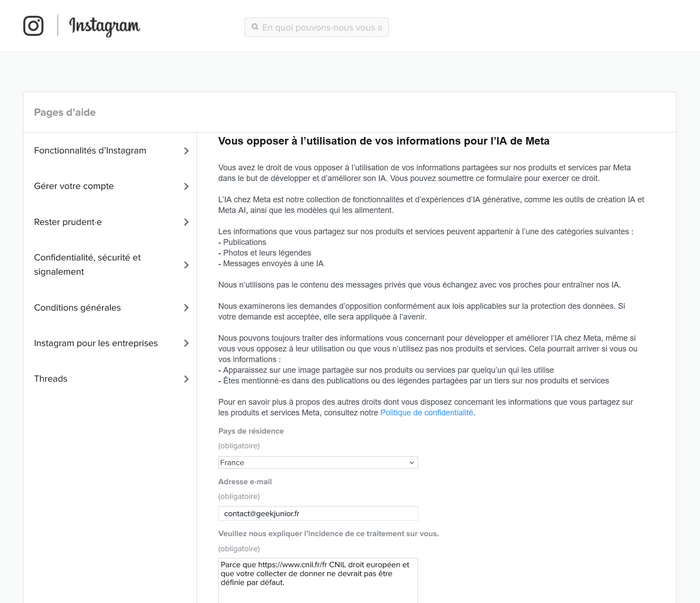 Page d'aide d'Instagram