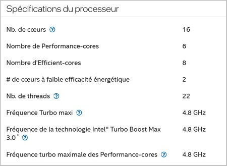 specification processeur
